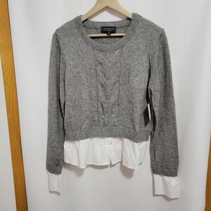 Laundry by Shelli Segal Gray Cable Knit Sweater with White Layered Hem, New, L